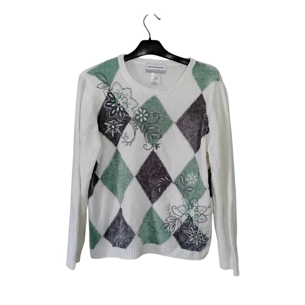 Alfred Dunner Petite PM White Argyle Floral Beaded Sweater Long Sleeve